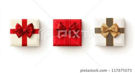 Three gift boxes with colorful ribbons lying on white background 117875073