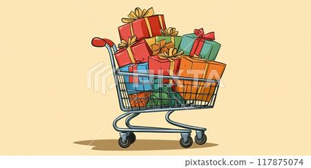 Shopping cart overflowing with wrapped gifts on yellow background 117875074