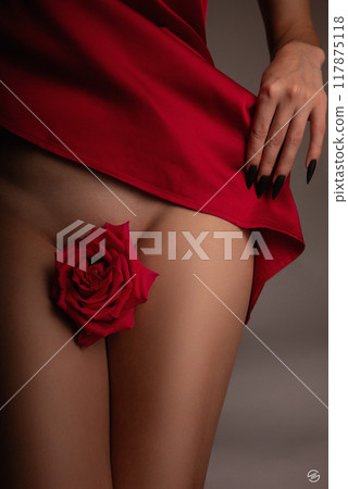 the body of a woman in a red dress and a red rose between her legs the body of a woman in a red dress and a red rose between her legs 117875118