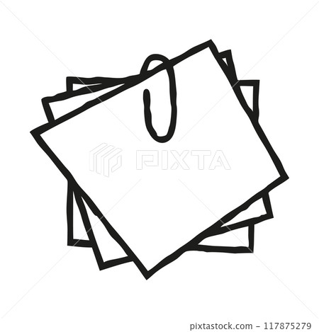 Doodle sticky note papers with paperclip icon, hand drawn with thin black line 117875279