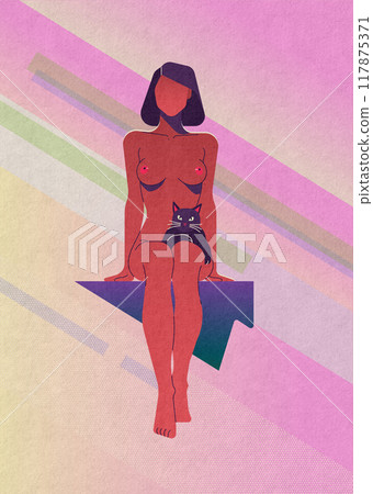 Abstract illustration of a nude woman sitting with a cat against a pastel background 117875371