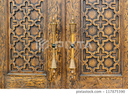 Intricate Carvings and Golden Handles Adorn a Door in Saint Petersburg Intricate Carvings and Golden Handles Adorn a Door in Saint Petersburg 117875390
