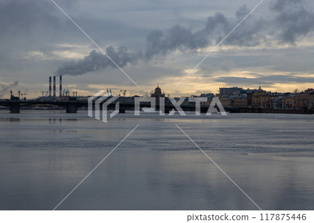 Twilight Over Neva River in Saint Petersburg With Industrial Skyline and Historic Buildings 117875446