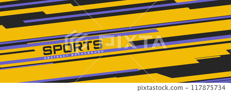 Vector abstract sports background. Yellow modern sports banner design with diagonal black and purple lines. Vector abstract sports background. Yellow modern sports banner design with diagonal black and purple lines. 117875734