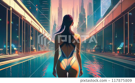 A young woman in a swimsuit in a building in a futuristic city 117875809