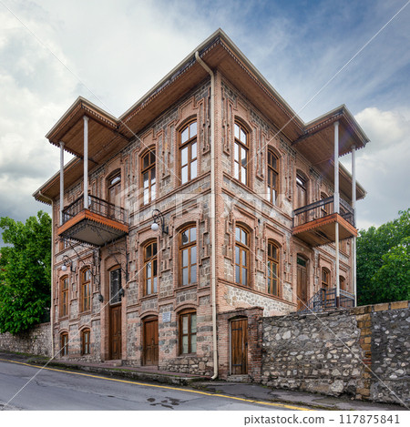 Historic Architecture in Shaki, Azerbaijan Showcasing Traditional Design and Intricate Wooden Balconies Historic Architecture in Shaki, Azerbaijan Showcasing Traditional Design and Intricate Wooden Balconies 117875841