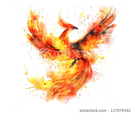 Watercolor painting of a phoenix is flying burning isolated on white background. Bird. Animals. 117876482