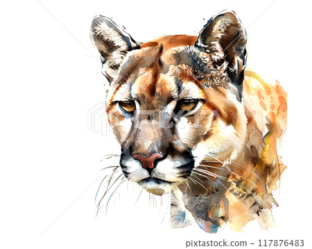 Watercolor painting of a puma head isolated on white background. Wildlife Animals. 117876483