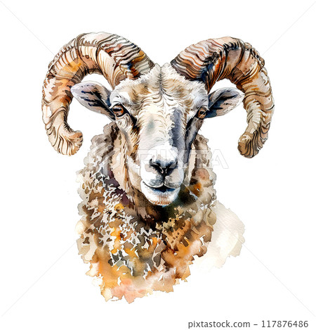 Watercolor painting of a sheep head isolated on white background. Mammals. Farm animals. Watercolor painting of a sheep head isolated on white background. Mammals. Farm animals. 117876486