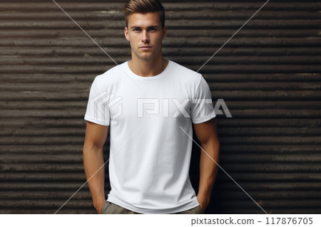 Young man in white tank top on abstract wooden background mockup Young man in white tank top on abstract wooden background mockup 117876705