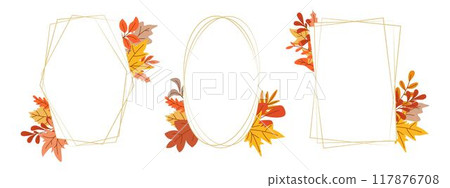 Set of graceful golden frames decorated with autumn leaves Set of graceful golden frames decorated with autumn leaves 117876708