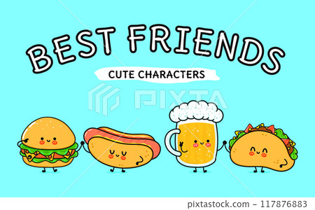 Cute, funny happy glass of beer, hot dog, hamburger, taco . Vector hand drawn cartoon kawaii characters, illustration icon. Funny cartoon glass of beer, hot dog, hamburger, taco mascot friends concept 117876883