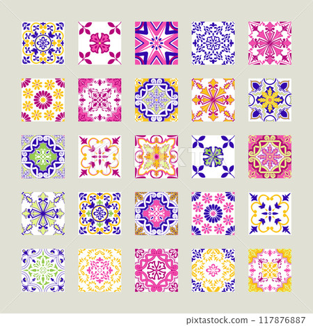 Pink and Blue Portuguese Azulejos Mosaic Tiles Isolated Vector Square Symmetrical Designs for Ceramic Floor Decor, Wallpapers, Logo Set 117876887