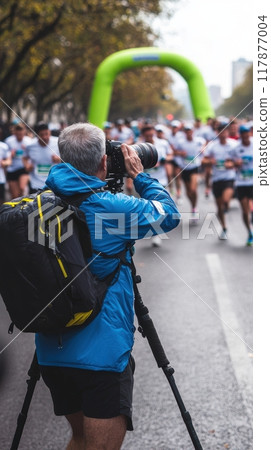 Cameraman in blue jacket capturing energy of marathon as runners approach the finish line, emphasizing the scale of the event. 117877004