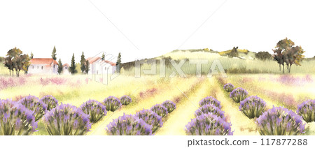 Lavender fields. Watercolor Provence rural Landscape with old houses, trees, cypresses, hills. Hand drawn Illustration. France, Italy nature motive for vacation booklet, card, poster. Original clipart Lavender fields. Watercolor Provence rural Landscape with old houses, trees, cypresses, hills. Hand drawn Illustration. France, Italy nature motive for vacation booklet, card, poster. Original clipart 117877288
