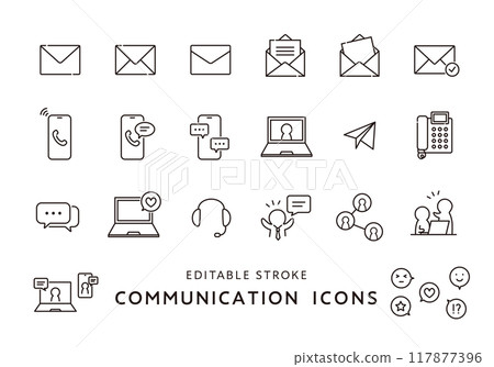 電子郵件、電話、對話等的圖示集(單色) 電子郵件、電話、對話等的圖示集(單色) 117877396