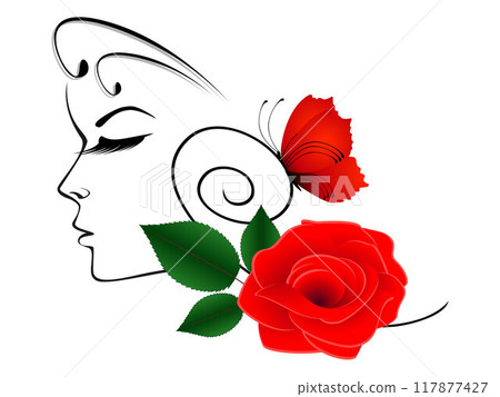 Abstract portrait of a girl in profile with a red rose and a butterfly. Abstract portrait of a girl in profile with a red rose and a butterfly. 117877427