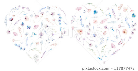 Hearts made with watercolor pastel wild flowers and leaves,  hand drawn wedding illustration 117877472