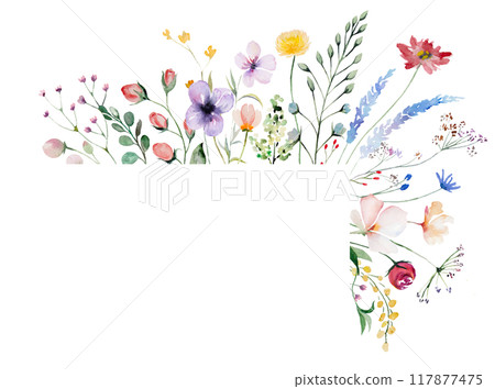 Frame made of watercolor wild flowers and leaves, wedding and greeting illustration Frame made of watercolor wild flowers and leaves, wedding and greeting illustration 117877475
