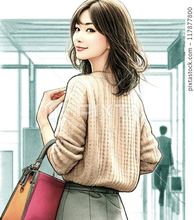 A woman smiling and looking back at us [AI-generated image] 117877800