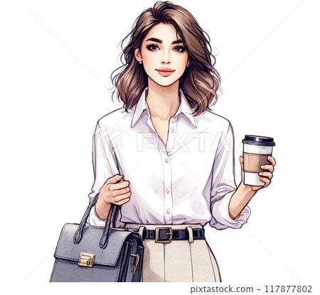 Woman walking with coffee in hand 2 Morning coffee On the way to work [AI generated image] 117877802