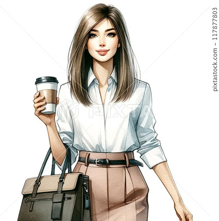 Woman walking with coffee in hand Morning coffee On the way to work [AI generated image] 117877803