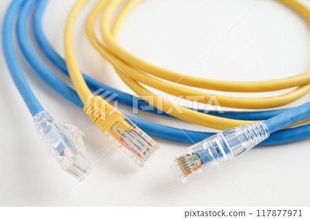 Ethernet cable for connect to wireless router link to internet service provider network. 117877971