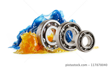 Grease and ball bearing, Blue premium quality synthetic lithium complex grease, high temperatures and machinery lubrication for automotive and industrial. Grease and ball bearing, Blue premium quality synthetic lithium complex grease, high temperatures and machinery lubrication for automotive and industrial. 117878040