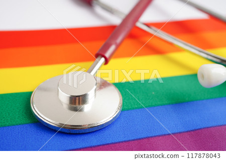 LGBT symbol, Stethoscope on rainbow flag, rights and gender equality, LGBT Pride Month in June. 117878043