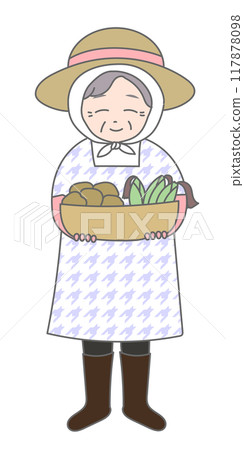 Smiling old lady holding a basket of vegetables 117878098