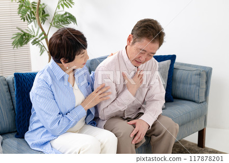 Heart disease, sudden illness, senior man Heart disease, sudden illness, senior man 117878201