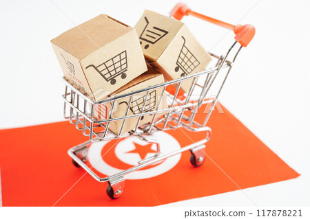 Online shopping, Shopping cart box on Tunisia flag, import export, finance commerce. 117878221