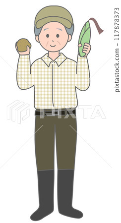 Farmer grandfather, corn, potatoes, whole body 117878373