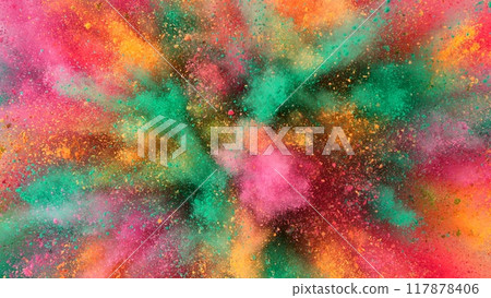 Colored powder explosion , top shot . Freeze motion. 117878406