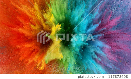 Colored powder explosion , top shot . Freeze motion. Colored powder explosion , top shot . Freeze motion. 117878408
