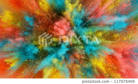 Colored powder explosion , top shot . Freeze motion. 117878409