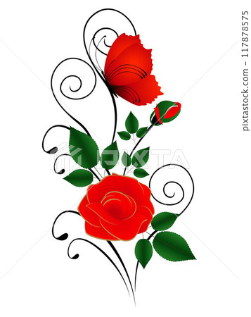 Composition of a red rose and butterfly isolated on a white background. 117878575