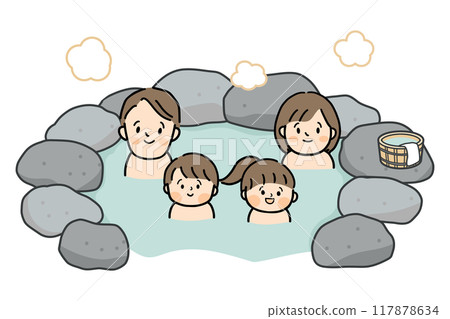 Smiling family of four taking a bath in an open-air bath Smiling family of four taking a bath in an open-air bath 117878634