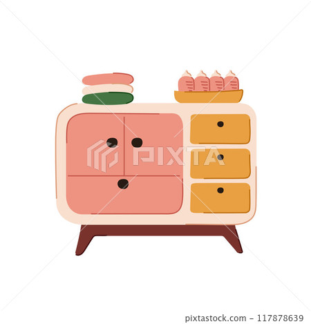 Chest of drawers for nursery in flat style. Stack of clothes and a set of feeding bottles for baby. Vector illustration isolated on a white background. Chest of drawers for nursery in flat style. Stack of clothes and a set of feeding bottles for baby. Vector illustration isolated on a white background. 117878639