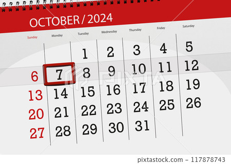 Calendar 2024, deadline, day, month, page, organizer, date, October, monday, number 7 Calendar 2024, deadline, day, month, page, organizer, date, October, monday, number 7 117878743