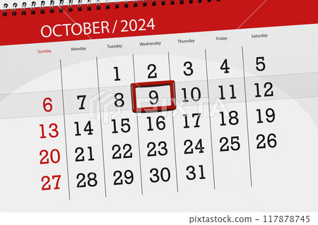 Calendar 2024, deadline, day, month, page, organizer, date, October, wednesday, number 9 Calendar 2024, deadline, day, month, page, organizer, date, October, wednesday, number 9 117878745