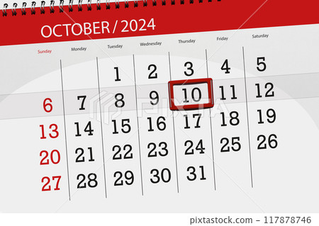Calendar 2024, deadline, day, month, page, organizer, date, October, thursday, number 10 Calendar 2024, deadline, day, month, page, organizer, date, October, thursday, number 10 117878746