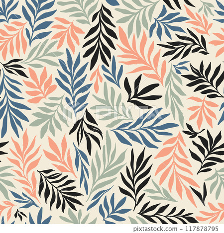 Pastel Green and Blue Tropical Flowing Leaves Vector Exotic Seamless Pattern Repeat for Wallpaper, Fabric Textile Design. Hand Drawn Inky Grunge Botanical Print 117878795