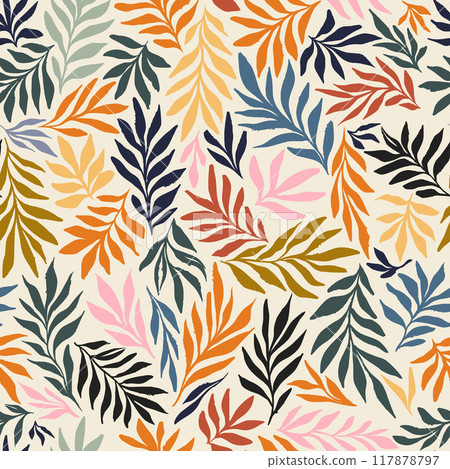 Colorful Yellow Festive Yellow Orange and Blue Tropical Flowing Leaves Vector Exotic Seamless Pattern Repeat for Wallpaper, Fabric Textile Design. Hand Drawn Inky Grunge Botanical Print 117878797