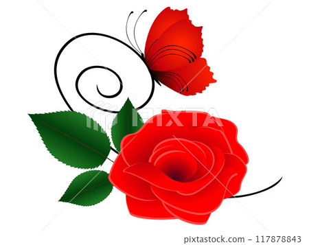 Red rose with leaves and a butterfly. Red rose with leaves and a butterfly. 117878843