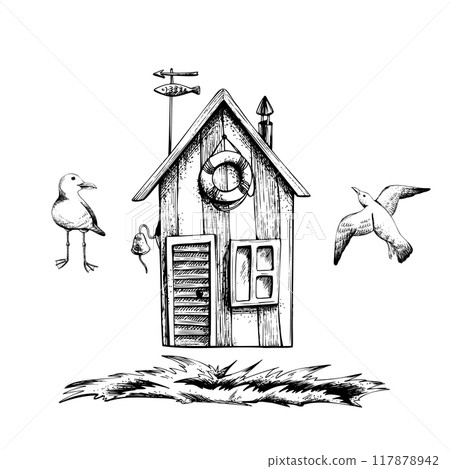 Fishing cabin, house, hut with seagull and grass. Graphic line art, hand drawn in black and white monochrome. Nautical marine clip art, set of isolated elements Fishing cabin, house, hut with seagull and grass. Graphic line art, hand drawn in black and white monochrome. Nautical marine clip art, set of isolated elements 117878942