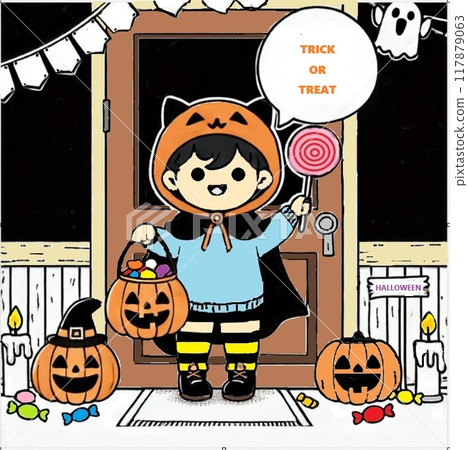 [Halloween] Trick or Treat - A boy in a costume with a pumpkin lantern and sweets 117879063