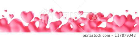 Playful Valentines Day footer with pink liquid and hearts, isolated on white background. Modern border perfect for romantic themes. Bottom of the sheet. Mothers or Women's Day. Foreground. 3D. 117879348