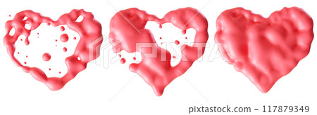 Three distinct pink liquid hearts, ranging from splattered and bubbly forms to smooth heart, isolated on white background. Playful fluid hearts set, cut out design elements. Valentines Day. 3D render. 117879349