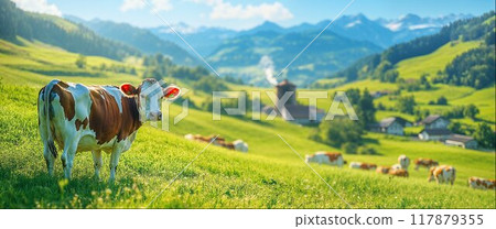 Close-up of a brown cow with Alpine meadows in the background, Swiss valley with dairy farms in the distance, advertisement template with empty copy space for your text 117879355